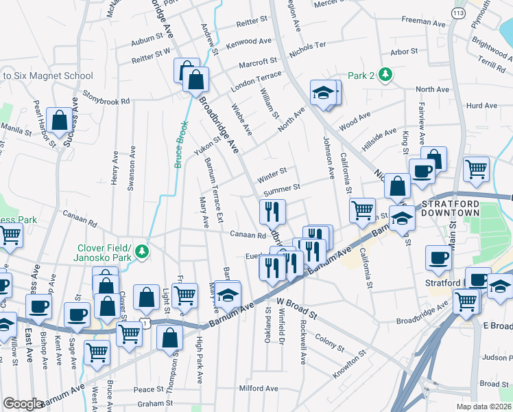 map of restaurants, bars, coffee shops, grocery stores, and more near 1921 Broadbridge Avenue in Stratford