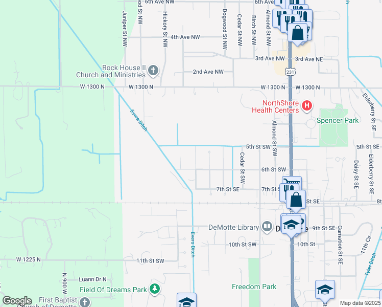 map of restaurants, bars, coffee shops, grocery stores, and more near 502 Fir St SW in De Motte