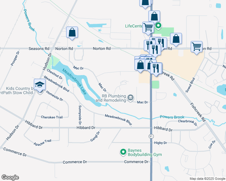 map of restaurants, bars, coffee shops, grocery stores, and more near 1453 Mac Drive in Stow