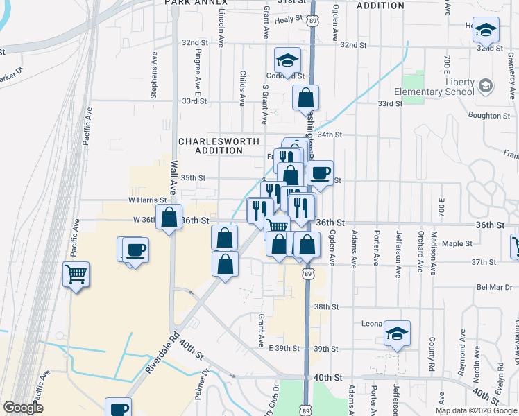map of restaurants, bars, coffee shops, grocery stores, and more near 3561 South Grant Avenue in Ogden