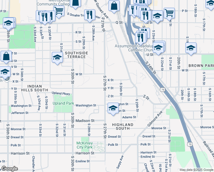 map of restaurants, bars, coffee shops, grocery stores, and more near 2639 X Street in Omaha