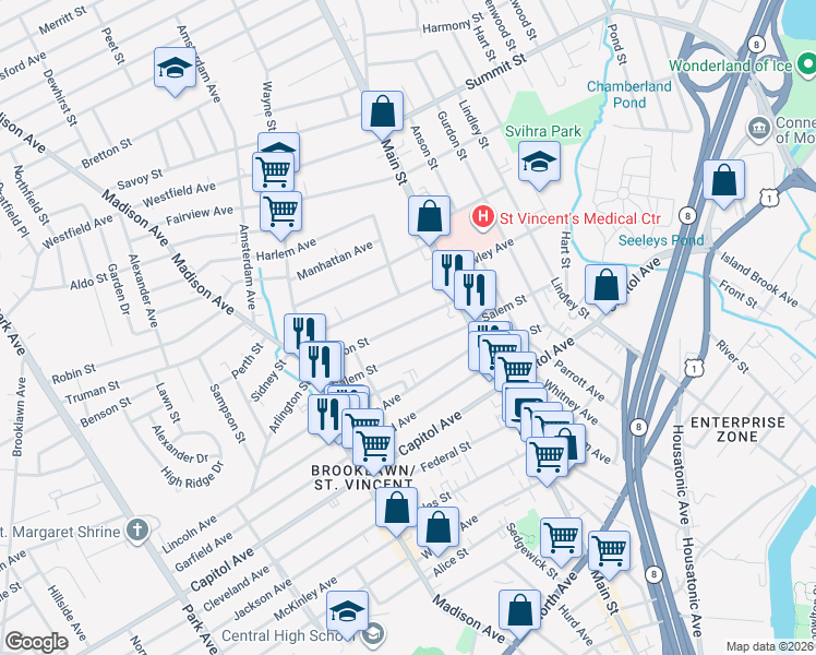 map of restaurants, bars, coffee shops, grocery stores, and more near 419 Hawley Avenue in Bridgeport