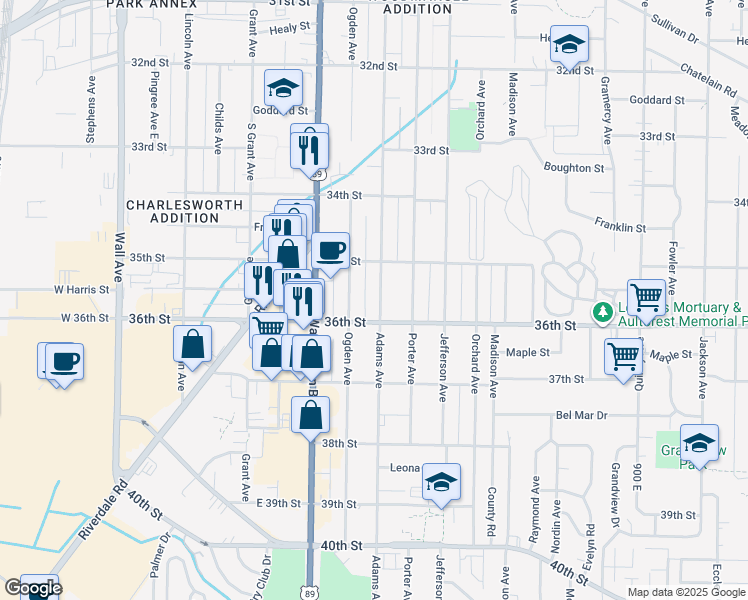 map of restaurants, bars, coffee shops, grocery stores, and more near 3555 Adams Avenue in Ogden