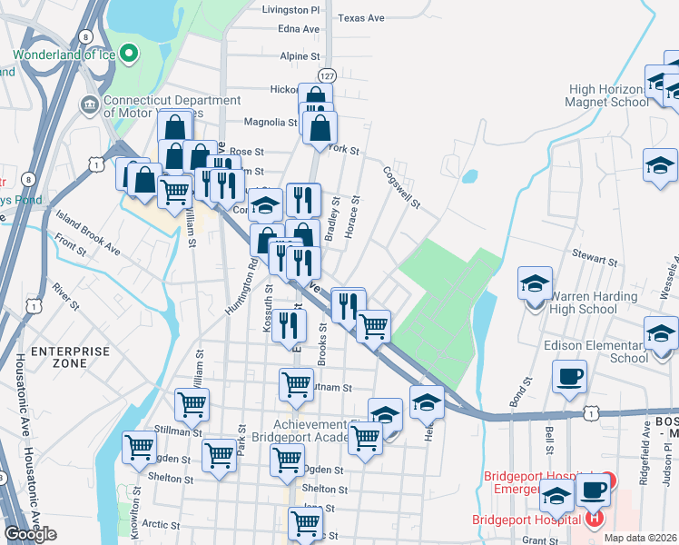 map of restaurants, bars, coffee shops, grocery stores, and more near 68 Bradley Street in Bridgeport