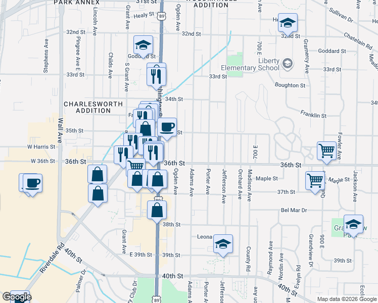 map of restaurants, bars, coffee shops, grocery stores, and more near 3555 Adams Avenue in Ogden