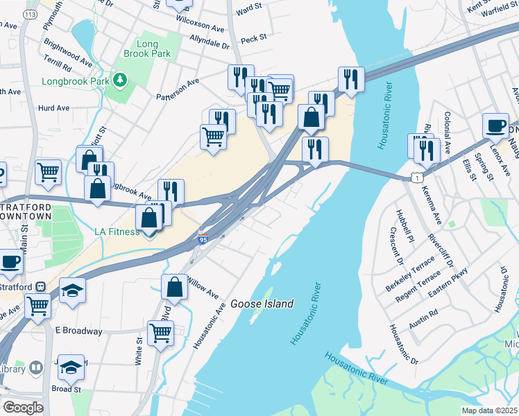 map of restaurants, bars, coffee shops, grocery stores, and more near 31 Ferry Court in Stratford