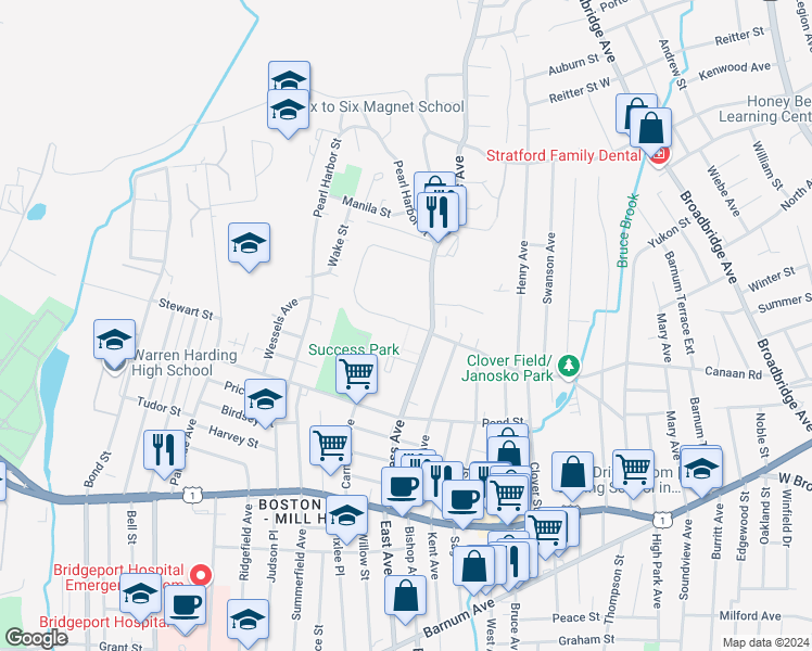 map of restaurants, bars, coffee shops, grocery stores, and more near 100 Court D in Bridgeport
