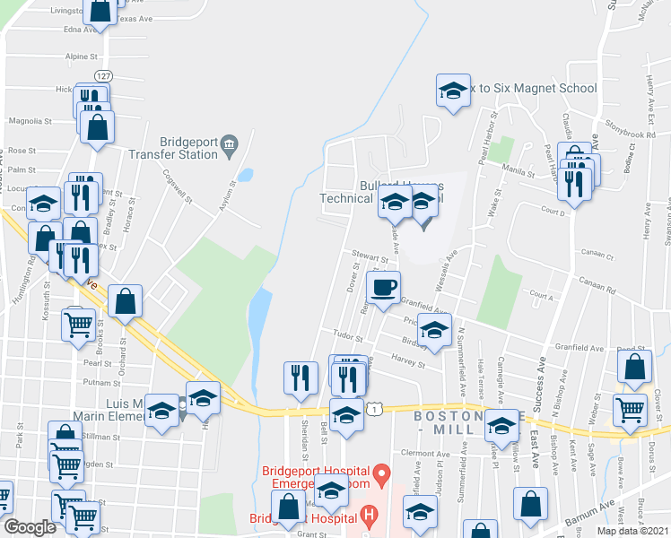 map of restaurants, bars, coffee shops, grocery stores, and more near 223-439 Bond Street in Bridgeport