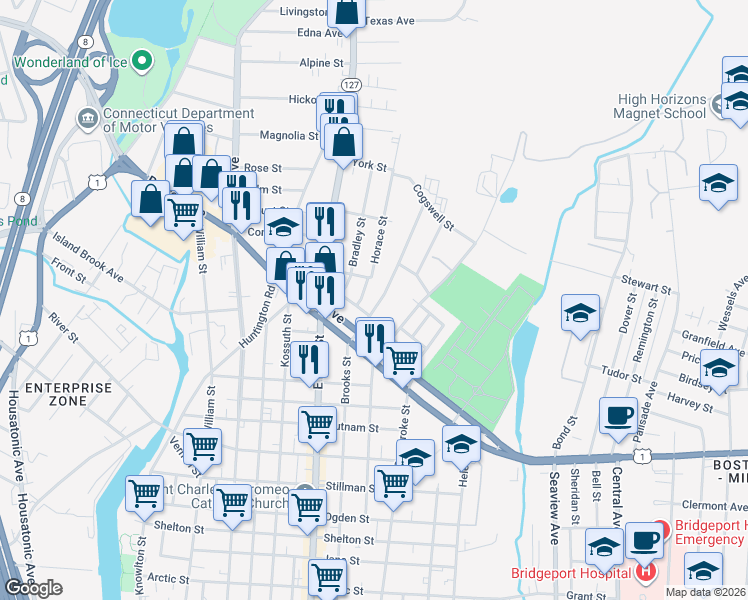 map of restaurants, bars, coffee shops, grocery stores, and more near 141 Goddard Avenue in Bridgeport