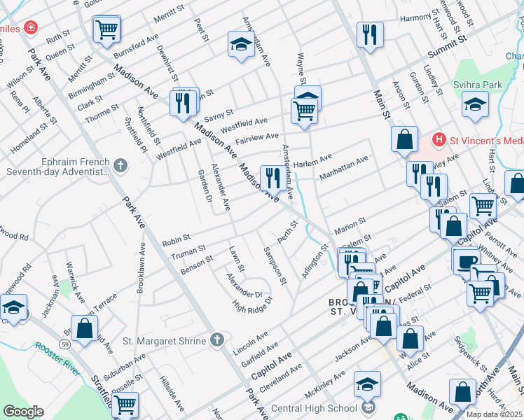 map of restaurants, bars, coffee shops, grocery stores, and more near 40 Robin Street in Bridgeport