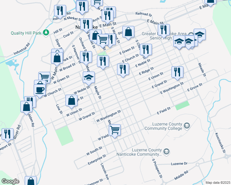 map of restaurants, bars, coffee shops, grocery stores, and more near 15 East Ridge Street in Nanticoke