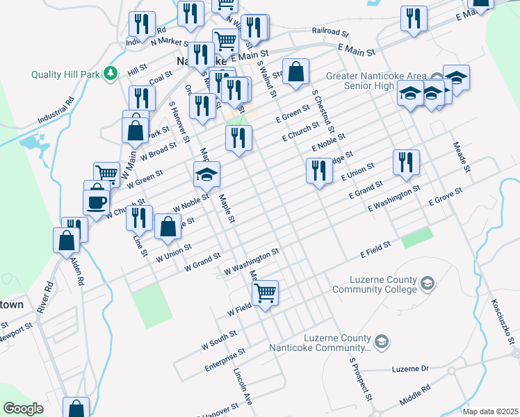 map of restaurants, bars, coffee shops, grocery stores, and more near 15 West Ridge Street in Nanticoke