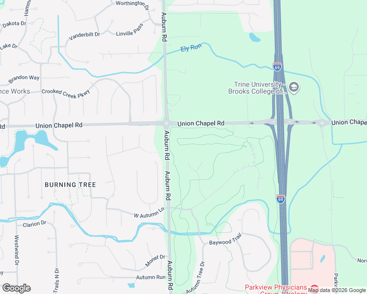 map of restaurants, bars, coffee shops, grocery stores, and more near 12274-12610 Auburn Road in Fort Wayne
