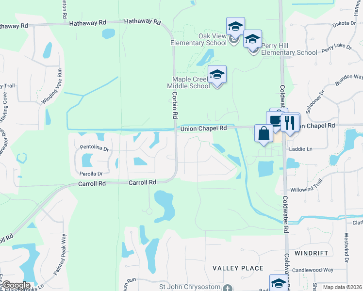 map of restaurants, bars, coffee shops, grocery stores, and more near 12619 Stoneboro Court in Fort Wayne