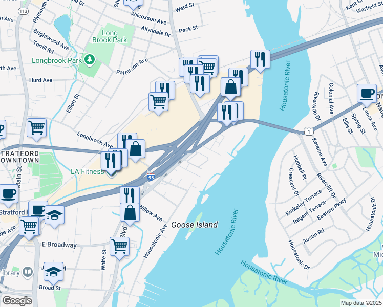 map of restaurants, bars, coffee shops, grocery stores, and more near 31 Ferry Court in Stratford