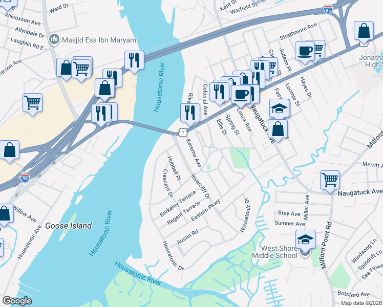 map of restaurants, bars, coffee shops, grocery stores, and more near 39 Kerema Avenue in Milford