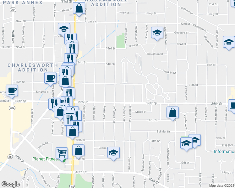 map of restaurants, bars, coffee shops, grocery stores, and more near 3529 Orchard Avenue in Ogden