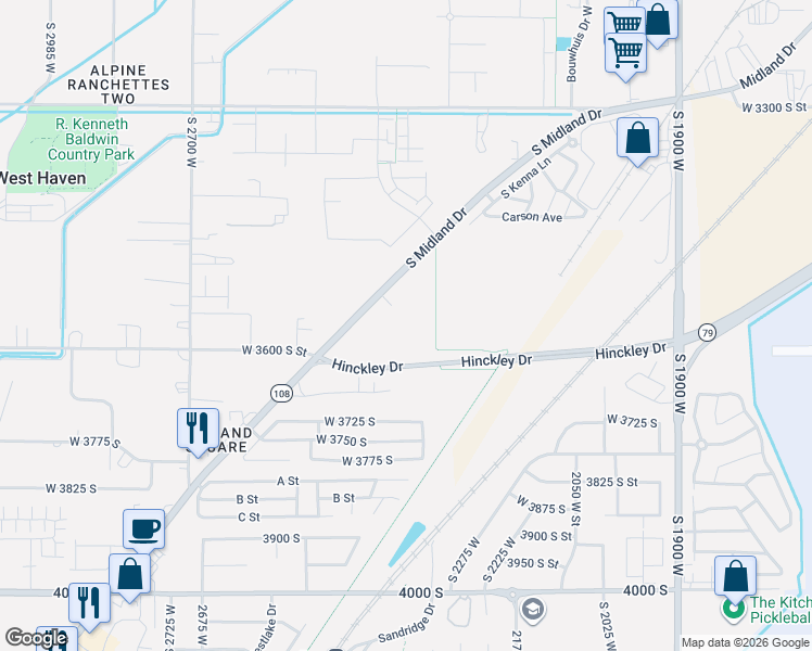 map of restaurants, bars, coffee shops, grocery stores, and more near 3576 Midland Drive in Roy