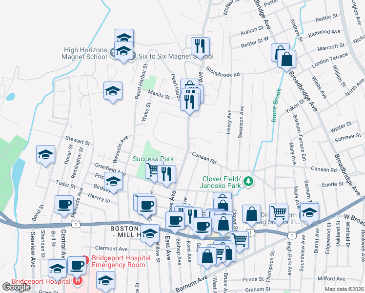map of restaurants, bars, coffee shops, grocery stores, and more near 440 Success Avenue in Bridgeport