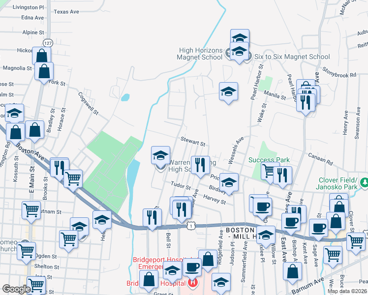 map of restaurants, bars, coffee shops, grocery stores, and more near 413 Dover Street in Bridgeport