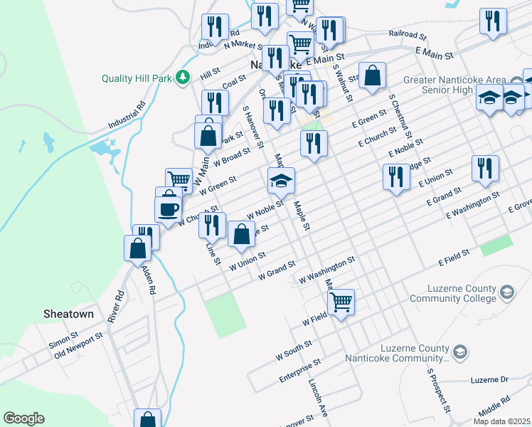 map of restaurants, bars, coffee shops, grocery stores, and more near 113 West Church Street in Nanticoke