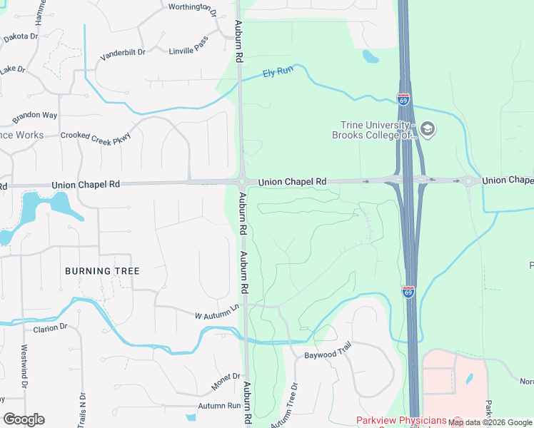 map of restaurants, bars, coffee shops, grocery stores, and more near 12274-12610 Auburn Road in Fort Wayne