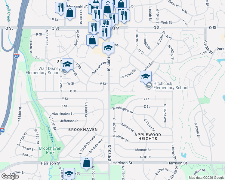 map of restaurants, bars, coffee shops, grocery stores, and more near 10727 Laci Street in Omaha
