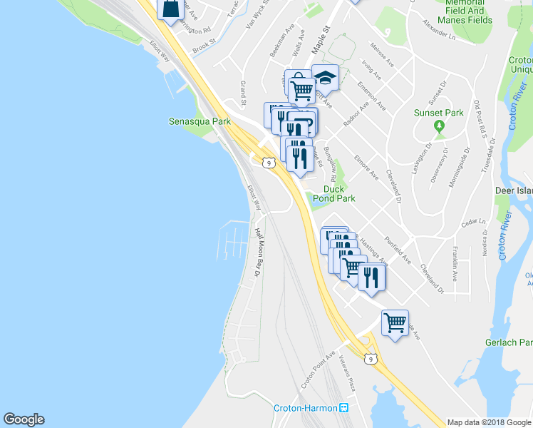 map of restaurants, bars, coffee shops, grocery stores, and more near 707 Half Moon Bay Drive in Croton-on-Hudson