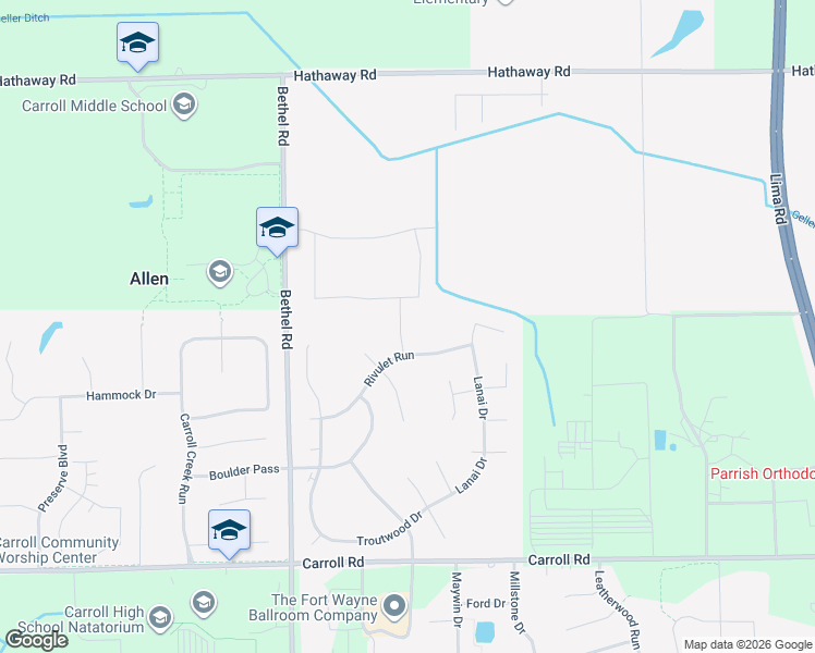 map of restaurants, bars, coffee shops, grocery stores, and more near 12624 Serene Shores in Fort Wayne