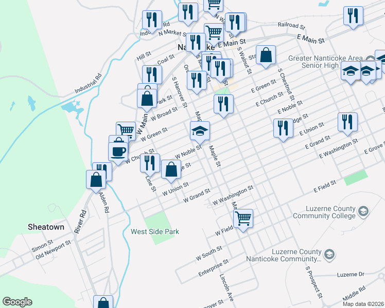 map of restaurants, bars, coffee shops, grocery stores, and more near 113 West Church Street in Nanticoke