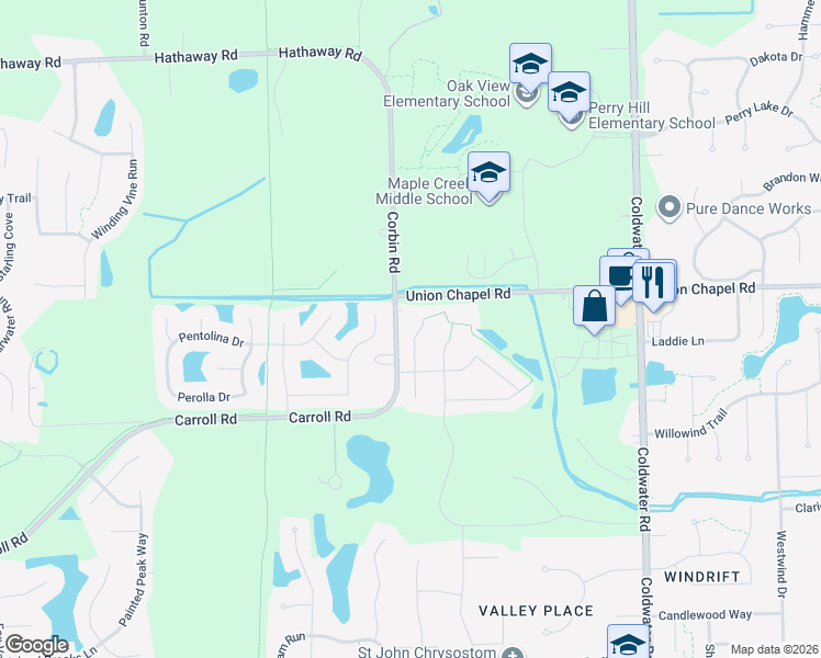 map of restaurants, bars, coffee shops, grocery stores, and more near 12619 Stoneboro Court in Fort Wayne