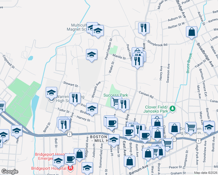 map of restaurants, bars, coffee shops, grocery stores, and more near 192 Pearl Harbor Street in Bridgeport