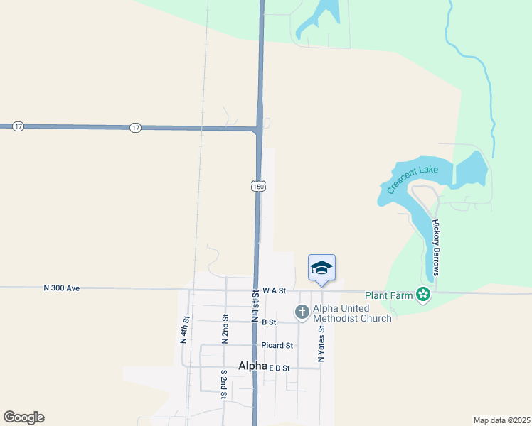 map of restaurants, bars, coffee shops, grocery stores, and more near 611 North 1st Street in Alpha