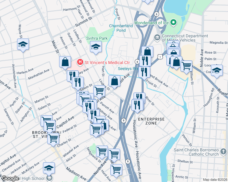 map of restaurants, bars, coffee shops, grocery stores, and more near 600-614 Lindley Street in Bridgeport