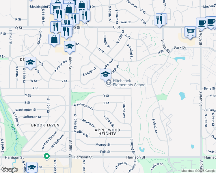 map of restaurants, bars, coffee shops, grocery stores, and more near 5809 South 104th Street in Omaha