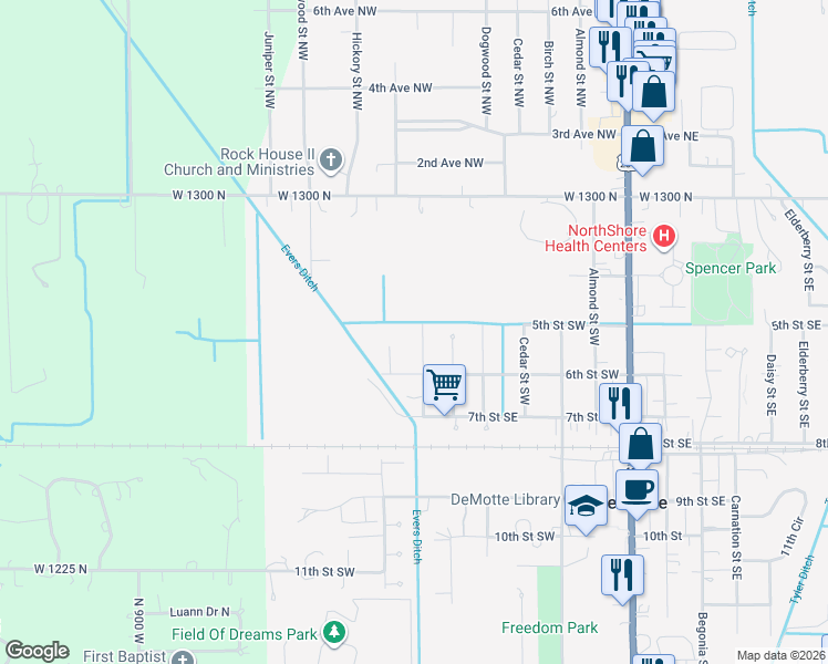 map of restaurants, bars, coffee shops, grocery stores, and more near 502 Fir Street Southwest in De Motte