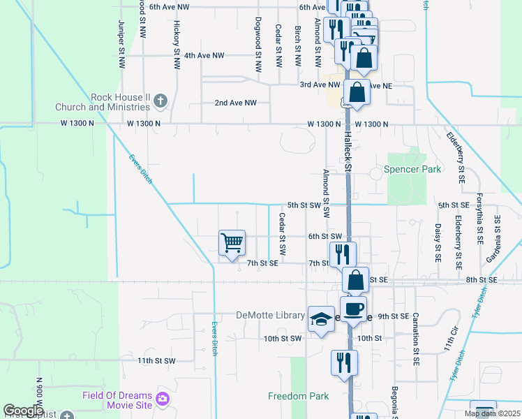 map of restaurants, bars, coffee shops, grocery stores, and more near 501 Dogwood Street Southwest in De Motte