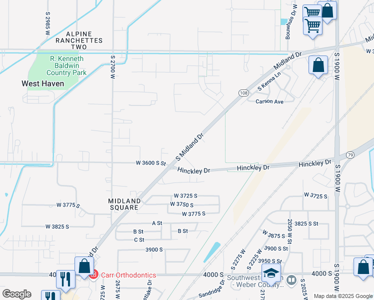 map of restaurants, bars, coffee shops, grocery stores, and more near 3560 South Midland Drive in Roy