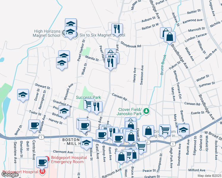 map of restaurants, bars, coffee shops, grocery stores, and more near 440 Success Avenue in Bridgeport