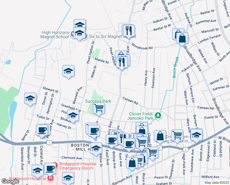 map of restaurants, bars, coffee shops, grocery stores, and more near 100 Court D in Bridgeport