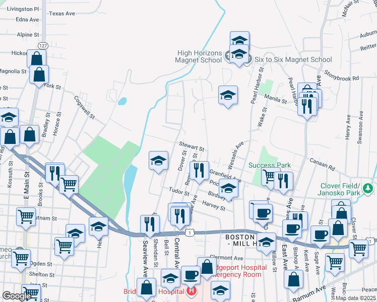 map of restaurants, bars, coffee shops, grocery stores, and more near 413 Dover Street in Bridgeport