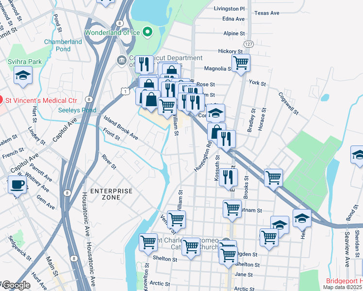 map of restaurants, bars, coffee shops, grocery stores, and more near 1088 William Street in Bridgeport
