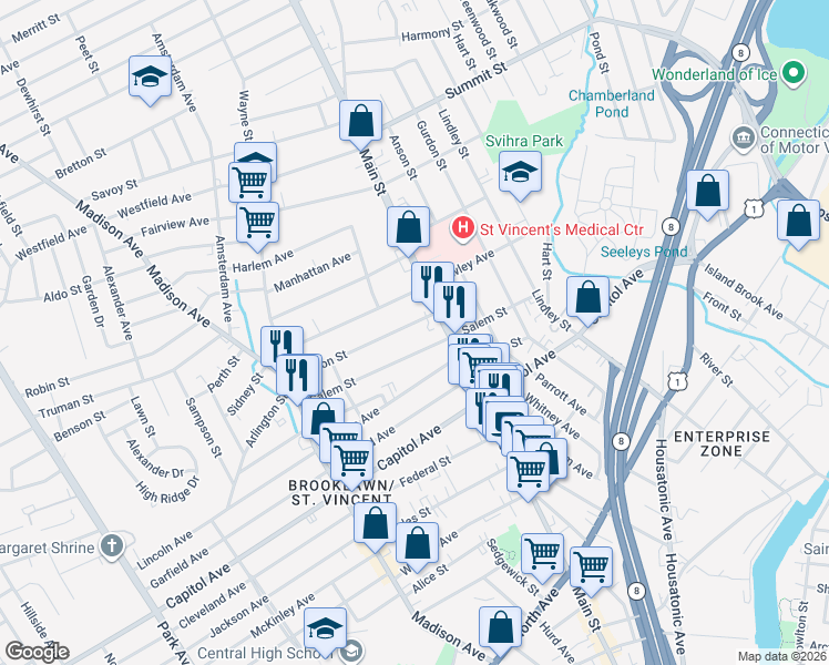 map of restaurants, bars, coffee shops, grocery stores, and more near 46 Marion Street in Bridgeport
