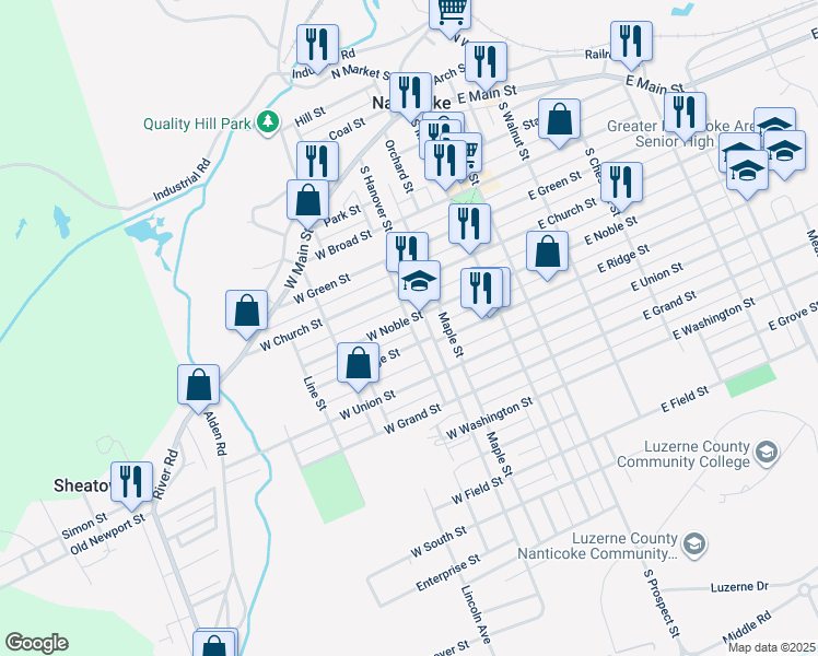 map of restaurants, bars, coffee shops, grocery stores, and more near 113 West Church Street in Nanticoke