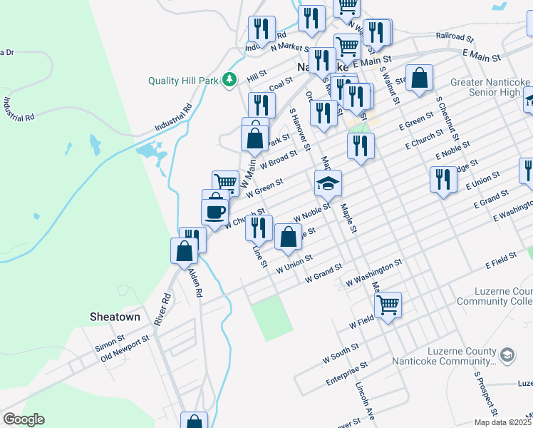 map of restaurants, bars, coffee shops, grocery stores, and more near in Nanticoke