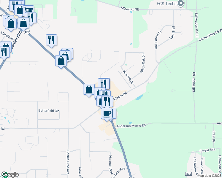 map of restaurants, bars, coffee shops, grocery stores, and more near 2567 Niles Vienna Road in Niles