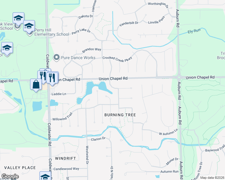 map of restaurants, bars, coffee shops, grocery stores, and more near 12536 Chapelwood Place in Fort Wayne