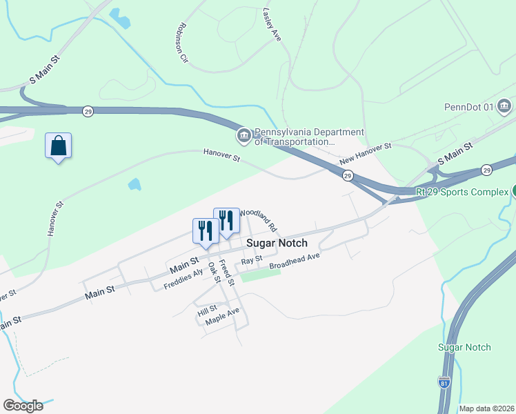 map of restaurants, bars, coffee shops, grocery stores, and more near 104-106 Woodland Rd in Sugar Notch