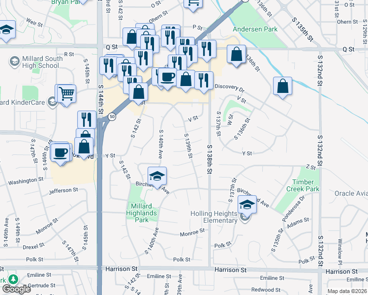 map of restaurants, bars, coffee shops, grocery stores, and more near 13923 X Circle in Omaha