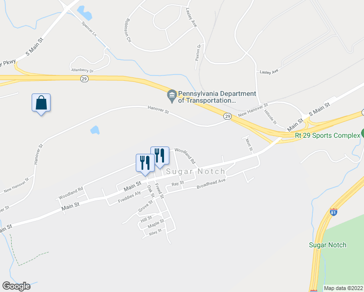 map of restaurants, bars, coffee shops, grocery stores, and more near 104-106 Woodland Rd in Sugar Notch